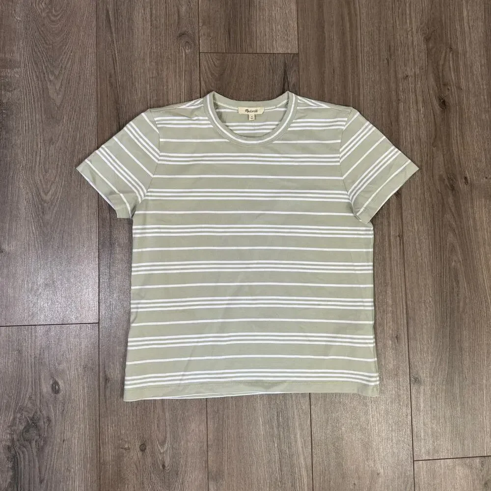 Madewell The Perfect Crewneck Cotton Tee Sz S Dusty Celadon Striped Short Sleeve
